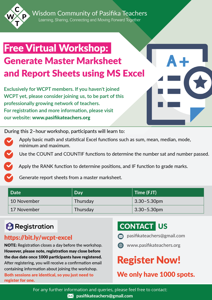 wiscompt's tweet photo. Join our upcoming free virtual workshop: Generate master marksheet and report sheets using MS Excel. Click here: https://t.co/uf0gVgO977 to register now! This workshop is exclusively for WCPT members, so join us if you haven't, using the link: https://t.co/pmn46V7v3T

#WCPTevents https://t.co/VNjYdG52N0