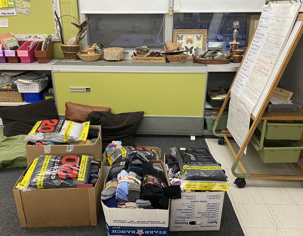 mswwake's tweet photo. That’s a wrap!  The kiddos did a final count before boxing them up!  There were 546 pairs of socks collected for @MainStProject .  They will be delivered next week!!  Way to go, GV! @vanierLRSD https://t.co/C2AyG0umto