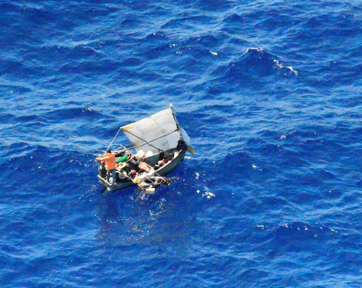 Alerted to possible Cuban migrant vessel adrift 50 nms off Cayman Brac, X-Ray 2 found the vessel with 14 soles on board, 3 medically critical. Lowered water, used skyshout PA with Spanish speaking crew member, then coordinated rescue vessels to scene.  7 days adrift. #Caymankind
