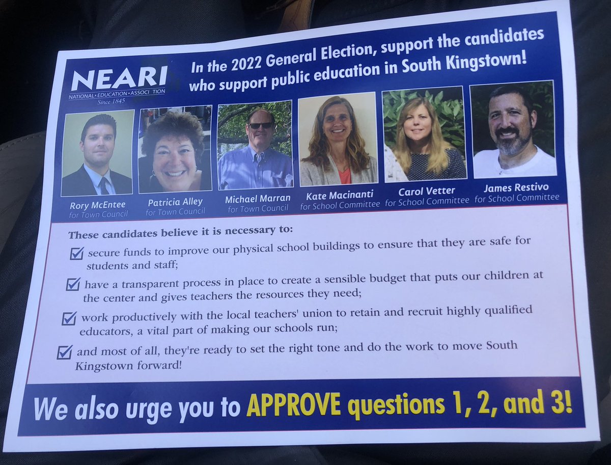 I am humbled to receive an endorsement from the NEARI along with my fellow candidates, including <a href="/MarranMikeRI/">Mike Marran</a>, Rory McEntee, James Restivo, Carol Vetter and Kate Maccianati. Together we will find solutions to move #southkingstown forward.