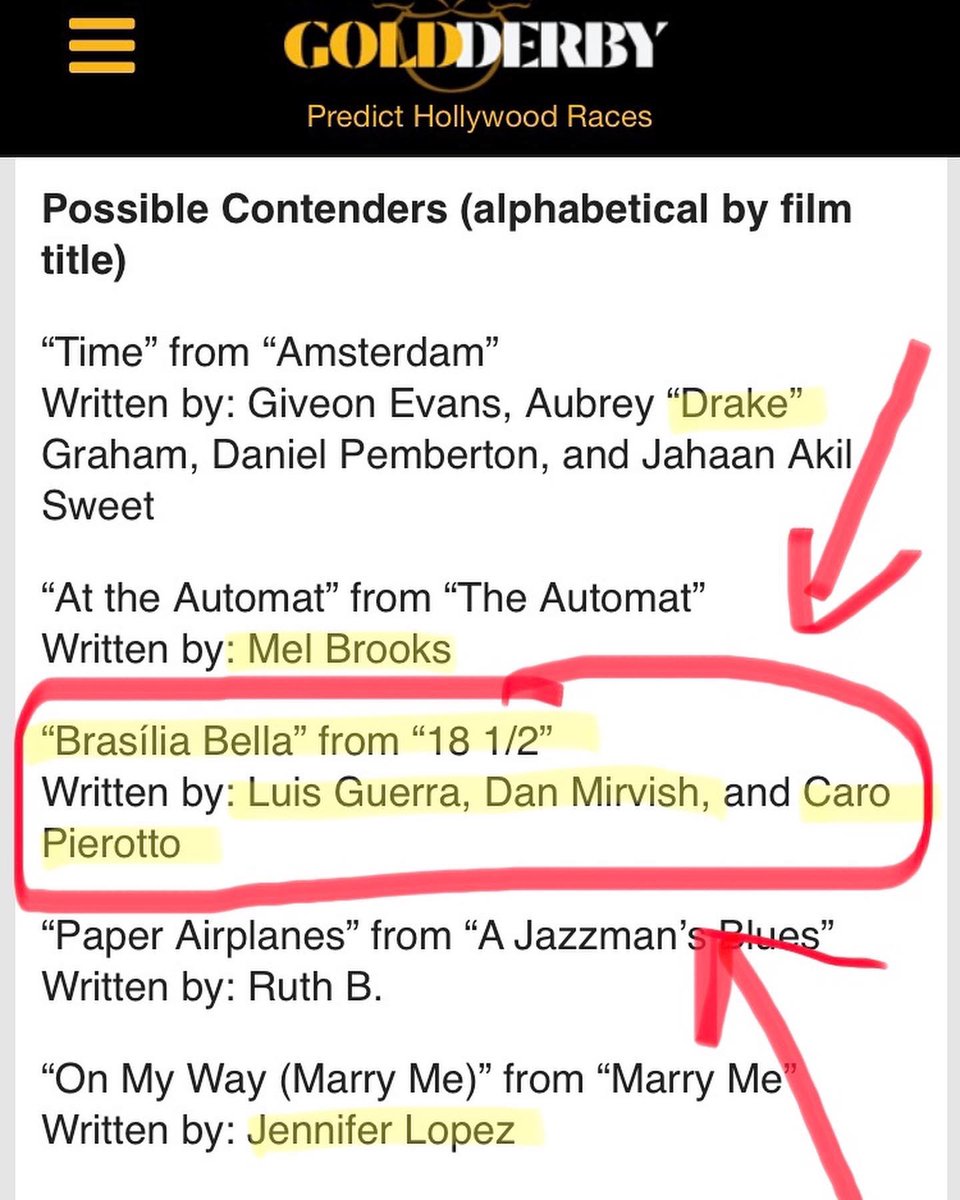 Huge thanks to <a href="/GoldDerby/">Gold Derby</a> for naming #BrasiliaBella from <a href="/18andAHalf/">18andAHalf</a> a Possible Contender for #Oscars #BestSong !!! Honored to be on list with <a href="/JLo/">jlo</a> <a href="/RealGDT/">Guillermo del Toro</a> #MelBrooks #Drake <a href="/selenagomez/">Selena Gomez</a> !! goldderby.com/feature/2023-o… #FilmTwitter #BossaNova