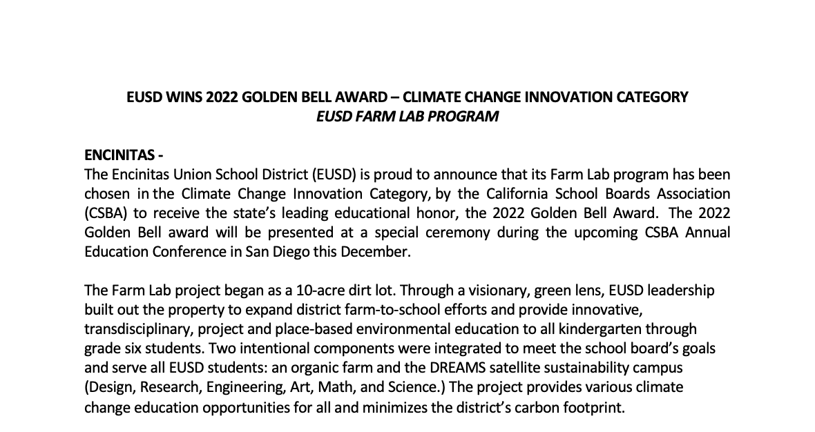 Hello EUSD Community!
CONGRATULATIONS!!
EUSD WINS 2022 GOLDEN BELL AWARD – CLIMATE CHANGE INNOVATION CATEGORY - EUSD FARM LAB PROGRAM
PRESS RELEASE LINK: eusdnet.finalsite.com/fs/resource-ma…