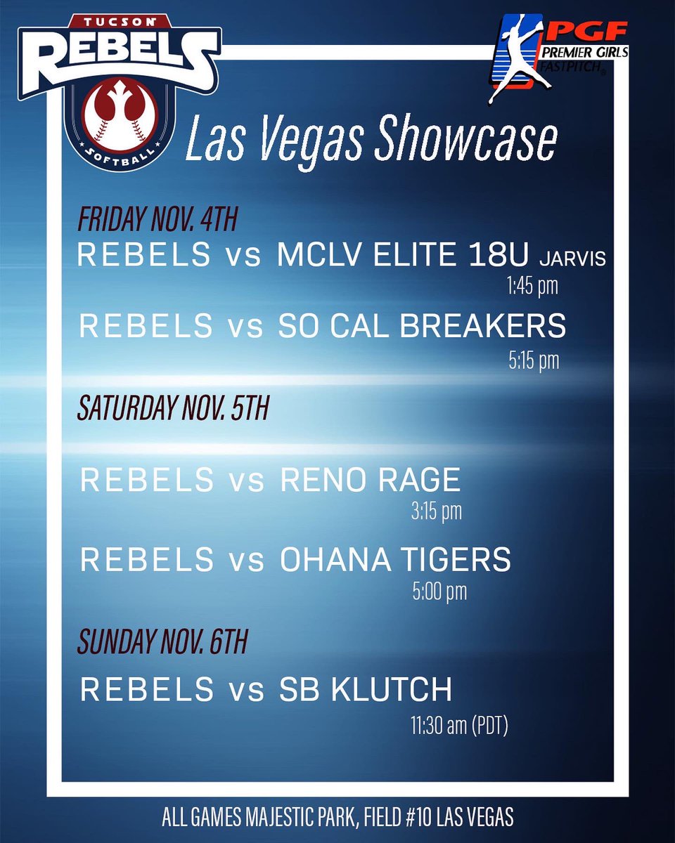 TucsonRebels's tweet photo. Rebels Select headed to Vegas! 70 west coast 18u teams showcase their skills in front of college coaches. Watch/follow on Rebels GameChanger! #RebelsSelect @pgfnetwork #LasVegasShowcase https://t.co/Bkzp1VzZrx