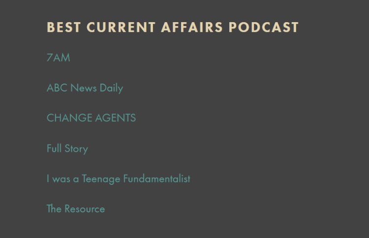 Stoked ABC News Daily has been nominated in <a href="/AusPodAwards/">Australian Podcast Awards</a> Best Current Affairs category. Up there with some mighty fine contenders. Bravo team! <a href="/samanthahawley/">Samantha Hawley</a> <a href="/StephenSmiley/">Stephen Smiley</a> <a href="/Chris_dengate/">Chris Dengate</a> <a href="/Flintdux/">Flint Duxfield</a>