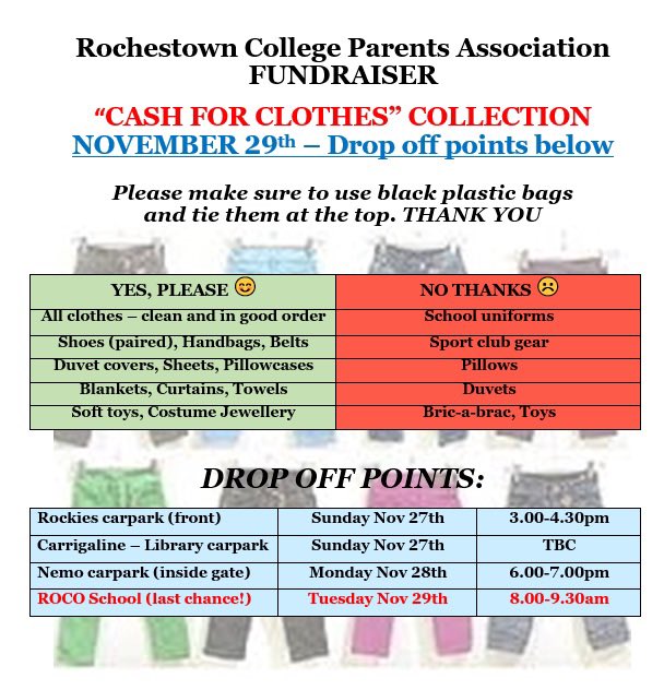 rococork's tweet photo. After the success of last year, the ROCO Parents Association are organising another #clothesdrive. They would appreciate all donations! Drop off points below. Thanks to the Parents Association for all they do ๐ https://t.co/mIXYsvBwPt