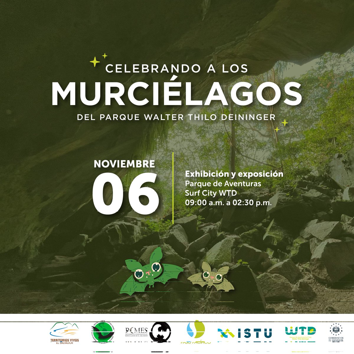 Territorios_SV's tweet photo. ¡Celebremos a los murciélagos del Parque Walter Thilo Deininger!  @PCMElSalvador los espera este domingo 6 de noviembre, tendremos juegos y sorpresas en honor a nuestro amigos alados 🦇💚 Gracias al apoyo de @ISTUSV y @pasopacifico 
#conservaciónsv #bats
@Relcom_ https://t.co/etw1MDAWH8
