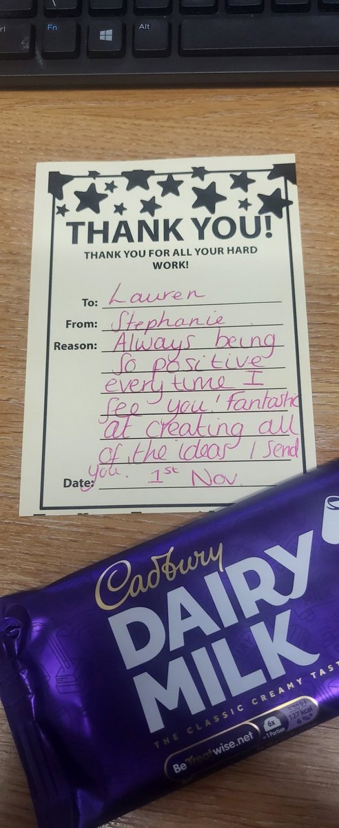 I completed an exciting little design task for staff a couple of weeks ago, thank you post cards....

I didnt think that I'd be awarded one, not only the amazing words but a chocolate bar to go with it!!👀🌟

Truely blown away! 🤩🥳 #flattered #bestjob