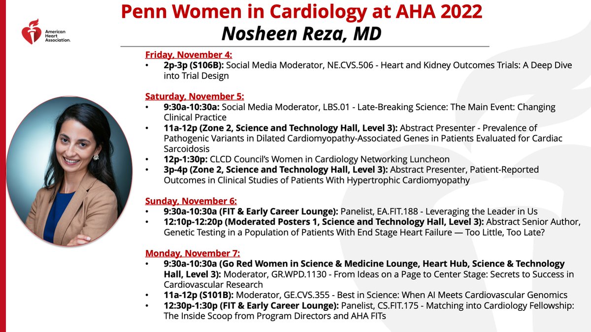 Finally, our @PennCVWomen Founding Director, @noshreza!

#cvGenetics #HeartFailure #AHAWIC #AHAFIT #AHA22 @AHAScience