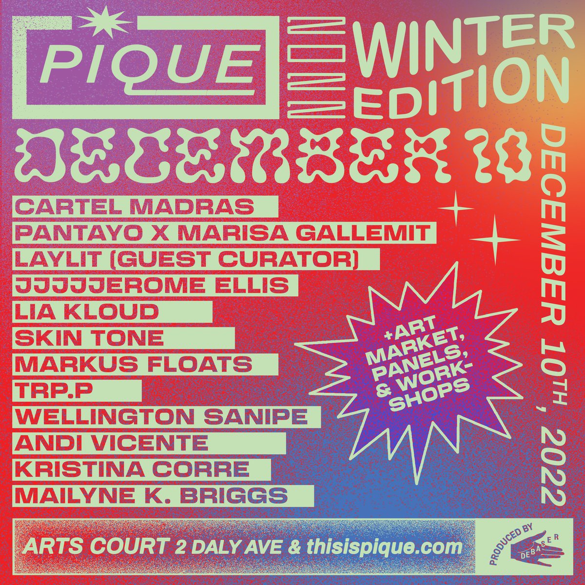 debaserlives's tweet photo. Announcing 📣 the #Pique winter edition ✨ feat @CartelMadras @pantayo @jjjjjeromeellis @liakloud  @marisagallemit @skin0tone @weareTRPP + more
+ Art Market, panels, workshop &amp; more TBA!
Sat Dec 10 at @artscourt @OttawaArtG 

#allages and #paywhatyoucan
🎟️ https://t.co/rxnql8i44V https://t.co/pG3OH1lGOL
