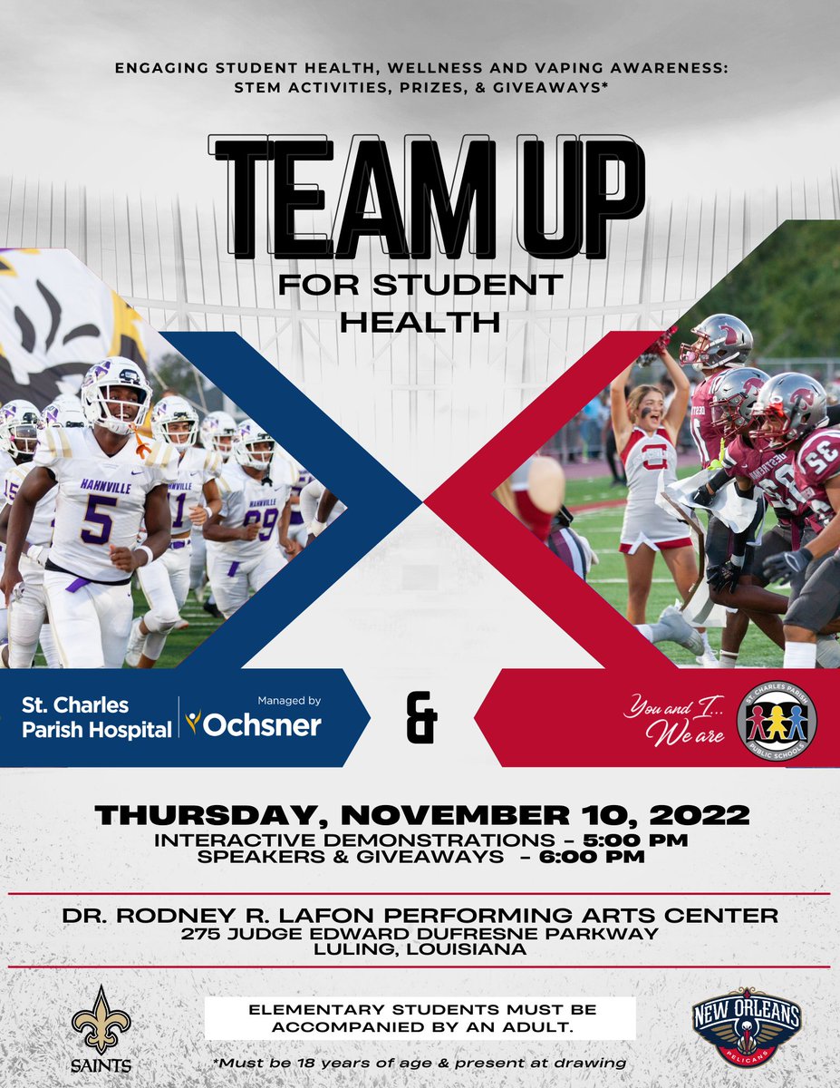 SCPPS's tweet image. SCPPS and @OchsnerHealth St Charles Parish Hospital are "teaming up" for student health!

Join us on Nov. 10 at 5 PM for “Team Up for Student Health” - a free event encouraging health, wellness, and vaping prevention @LafonArtsCenter.

Visit buff.ly/3Ws3xsr for more info.