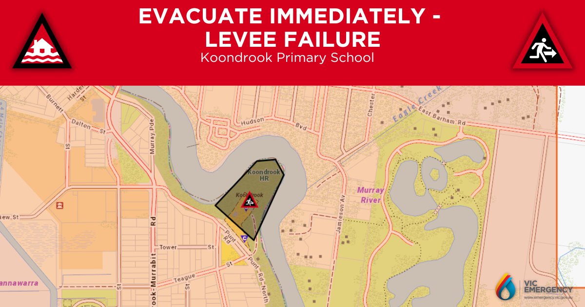 EVACUATE IMMEDIATELY - LEVEE FAILURE
Incident Location: Koondrook Primary School
More details at emergency.vic.gov.au/respond/...
If you are in the vicinity of the Koondrook Primary School you should evacuate now.