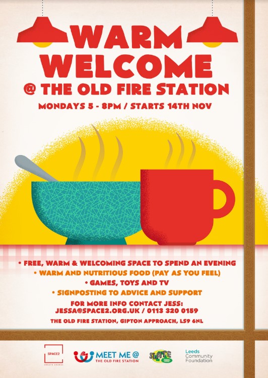 Our friends <a href="/OldFireStaLS9/">The Old Fire Station</a> are hosting Warm Welcome' sessions, starting Monday 14th November. The cafe and community rooms will be open 5 - 8pm each Monday throughout the winter. A warm meal will be provided on a pay as you feel basis, and games and advice will also be available.