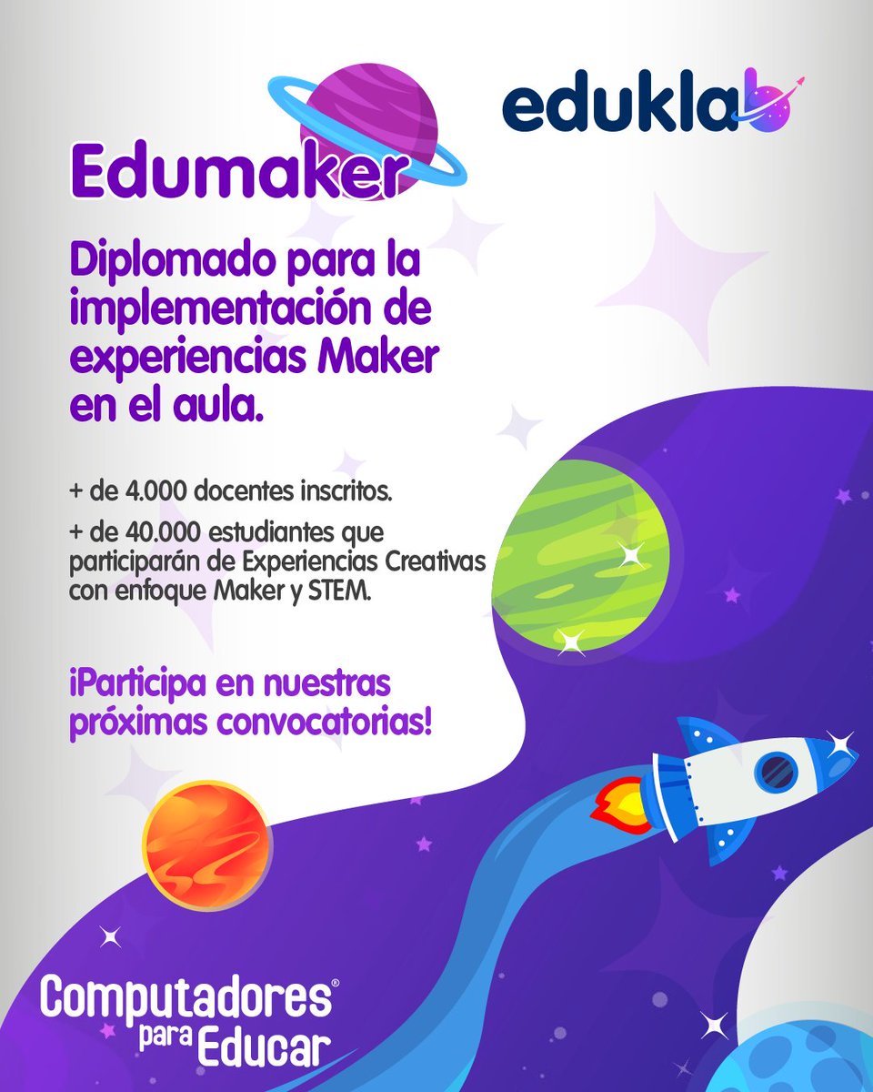 CompuParaEducar's tweet photo. En #EduMaker 2022 contamos con más de 40 mil docentes inscritos de los 32 departamentos del país, quienes participarán de sesiones, encuentros, momentos y etapas en la que diseñarán experiencias creativas originales para aplicarlas con sus estudiantes. https://t.co/ax5D7faeqq