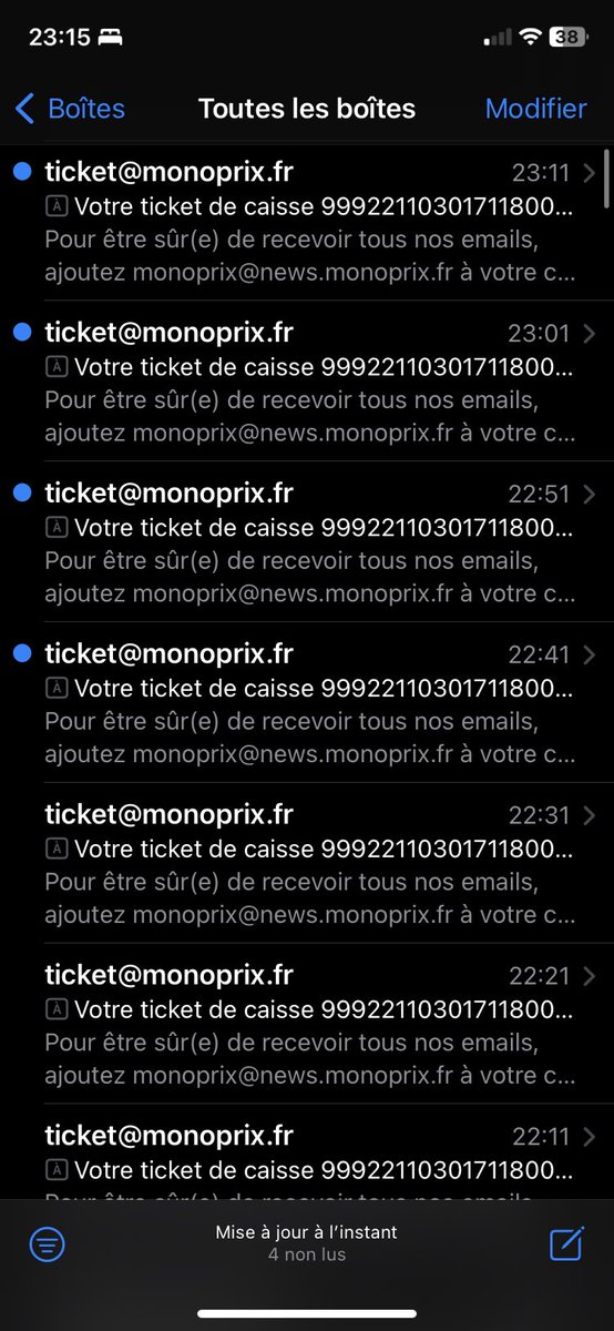 Merci <a href="/MonopSav/">Monoprix SAV</a>, j’ai bien reçu mon ticket de caisse, pas besoin de me l’envoyer toutes les 10min. 

<a href="/Monoprix/">Monoprix</a> pas si écologique que ça la transition du (1) papier aux (15) e-mails