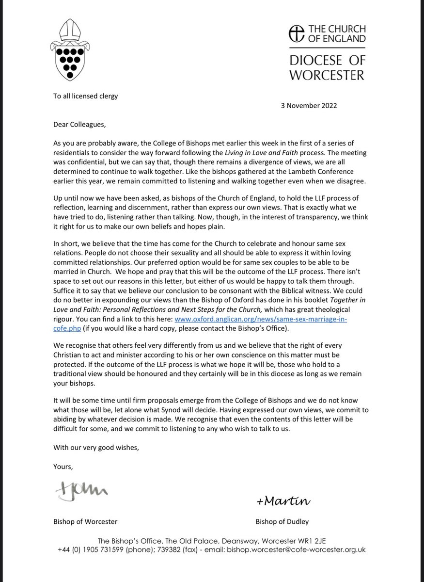 The Bishop of Dudley and I have written to all licensed clergy in the Diocese of Worcester as the ‘Living in Love and Faith’ process draws towards its conclusion.