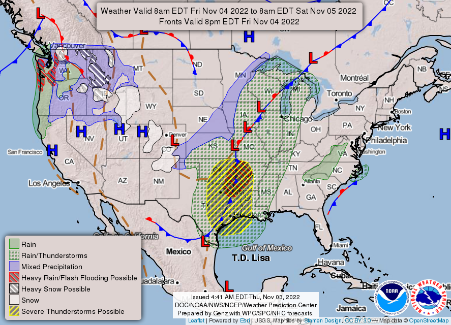 NWS's tweet photo. The weather snapshot for Friday:
- A system lifting into the southern Plains will trigger severe storms w/ damaging winds and tornadoes across the Southern tier of the U.S.
- An atmospheric river of moisture will inundate the Northwest w/ heavy rain, mountain snow and high winds. https://t.co/o91uqvA4Kd