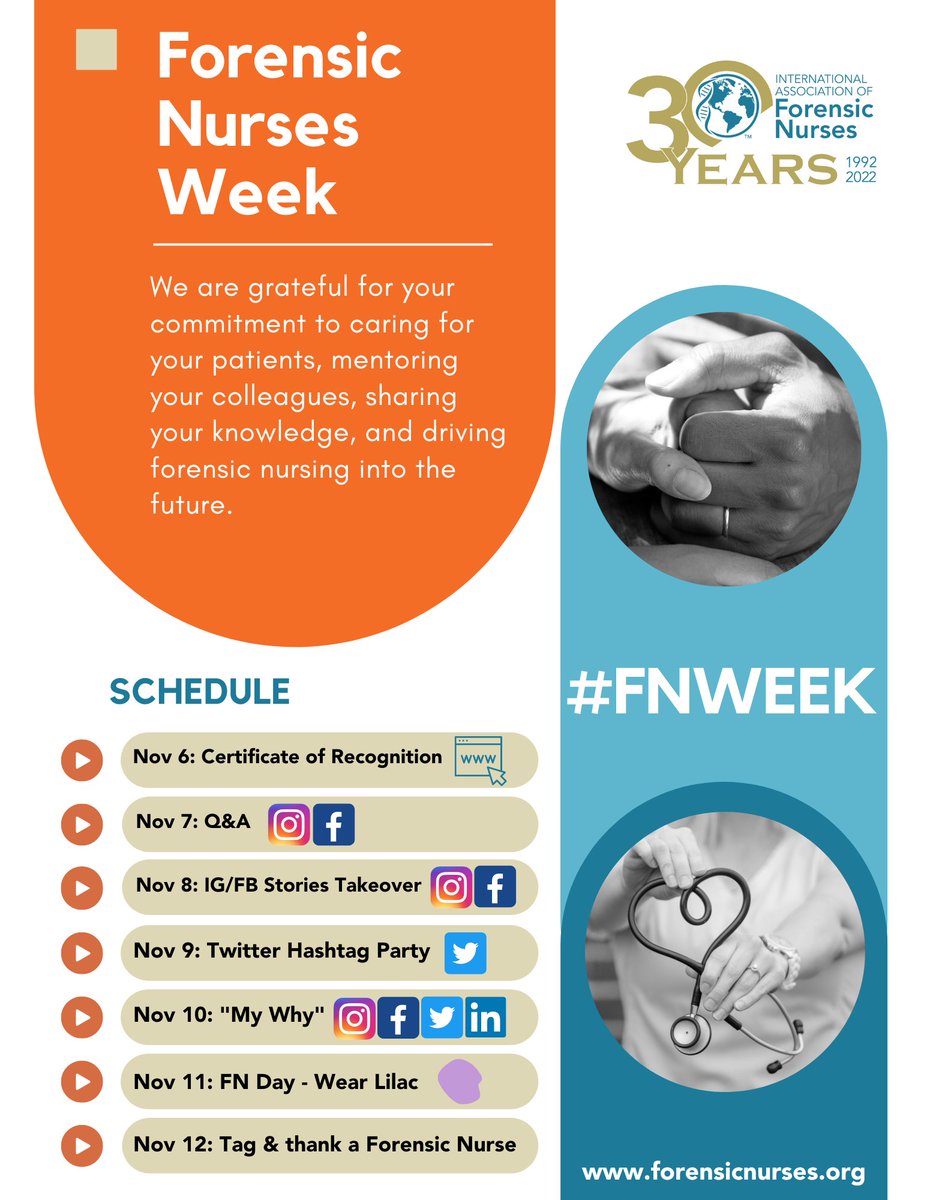 ForensicNurses's tweet photo. Forensic Nurses Week is only 3 days away, and we can not wait to celebrate with all of you!
Looking forward to what's in store? Check out what we'll be doing throughout the #FNWEEK.
#ForensicNursing #ForensicNursesWeek #IAFN #FNWEEK2022 https://t.co/OzuX95zCZW