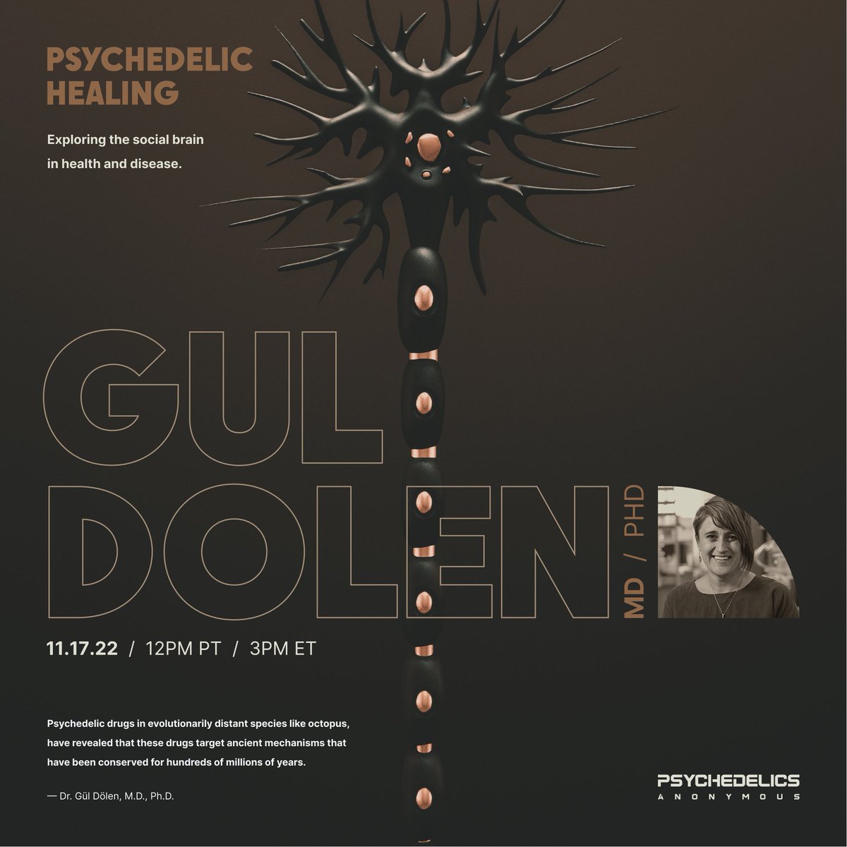 psychanon's tweet image. /  G Ü L  D Ö L E N

Exploring the social brain in health and disease.

- - -

Psychedelics Anonymous proudly present Dr. Gül Dölen for a discussion on Psychedelic Healing.

Save the date.

11.17.22 / 12PM PT / 3PM ET

- - -