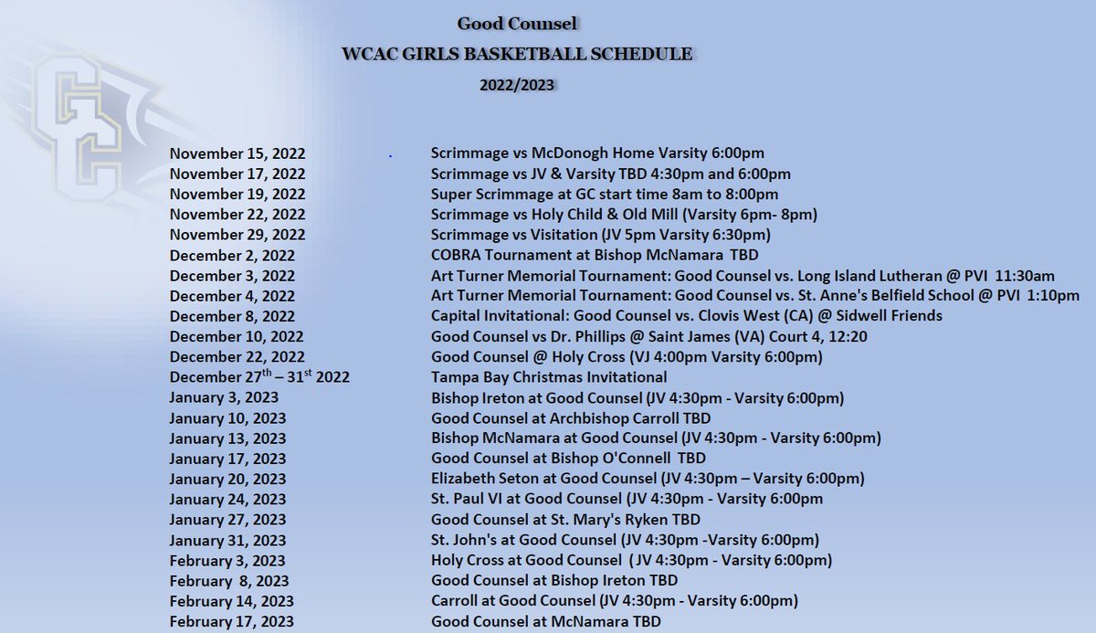 kimbroughm1's tweet photo. Good Counsel Schedule https://t.co/ee3j7mO4Zv