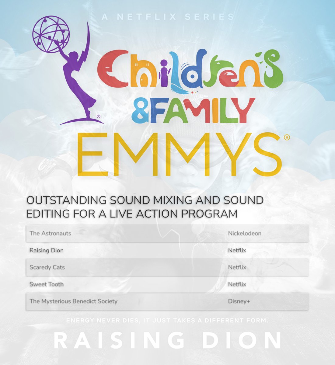 SmartPostSound's tweet photo. Congratulations to our @RaisingDion sound team for their @TelevisionAcad Children's and Family #Emmy nomination. Thank you @netflix for entrusting us with the sound of it 🥳 #postproduction #audio https://t.co/KLErM57B43