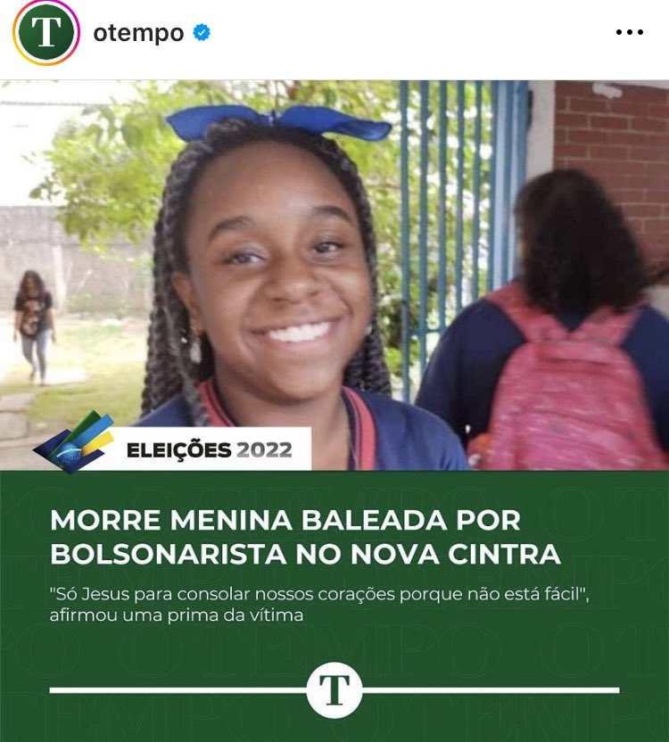 Mais uma tragédia provocada pelo bolsonarismo. Uma criança foi baleada por um eleitor de Bolsonaro inconformado com o resultado da eleição para presidente. A menina estava internada no hospital desde domingo, mas não resistiu aos ferimentos. O bolsonarismo precisa ter fim.