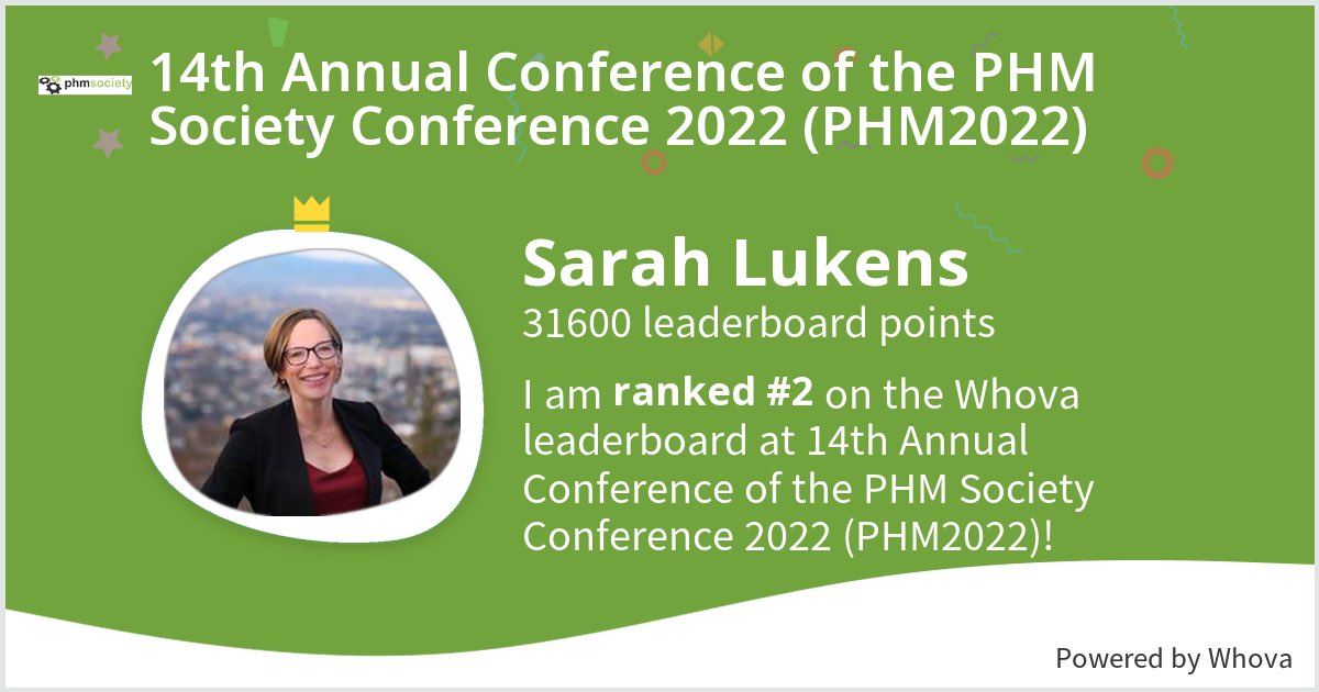 sarahlukens's tweet photo. I ranked #2 on the Whova leaderboard at 14th Annual Conference of the PHM Society Conference 2022 (PHM2022)!  - via #Whova event app https://t.co/oQv2yBPaSD