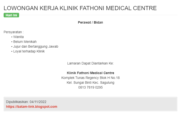 batamlink's tweet photo. Lowongan Kerja di Klinik Fathoni Medical Centre posisi Perawat / Bidan.
Selengkapnya: https://t.co/AFTmee5GDC

#lokerbatam https://t.co/ioEkkkQA1F