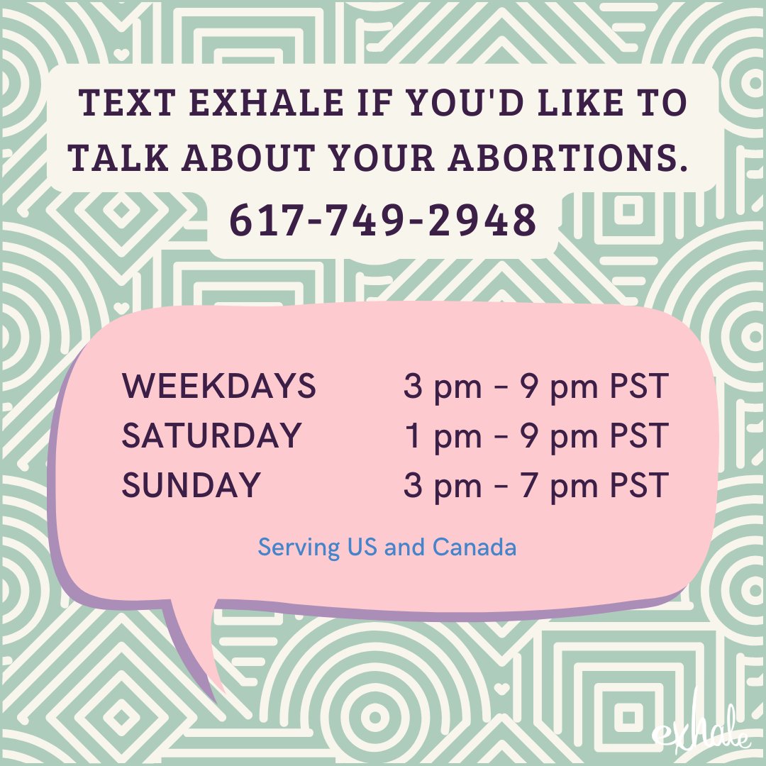 ExhaleProVoice's tweet image. Abortions can look and feel lots of different ways. Each person is unique, meaning there is a huge variety in people&apos;s decision-making processes and how they might feel after their abortions. Text Exhale to talk about your abortions. 💖
