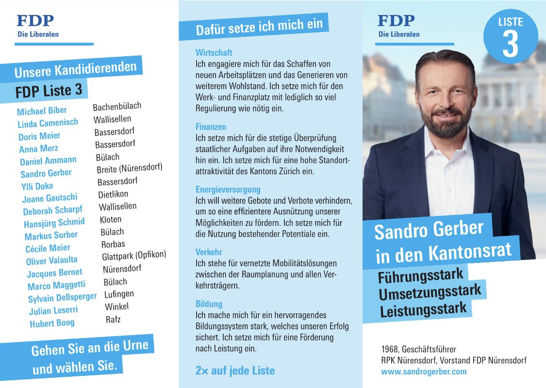 #derliberaleaufbruch #derfreisinnigeaufbruch
Wir wünschen allen unseren Kantonsratskandidaten viel Erfolg und freuen uns, dass unsere Gemeinde ebenfalls mit Top-Kandidaten so gut vertreten ist <a href="/sandro_gerber/">Sandro Gerber</a>