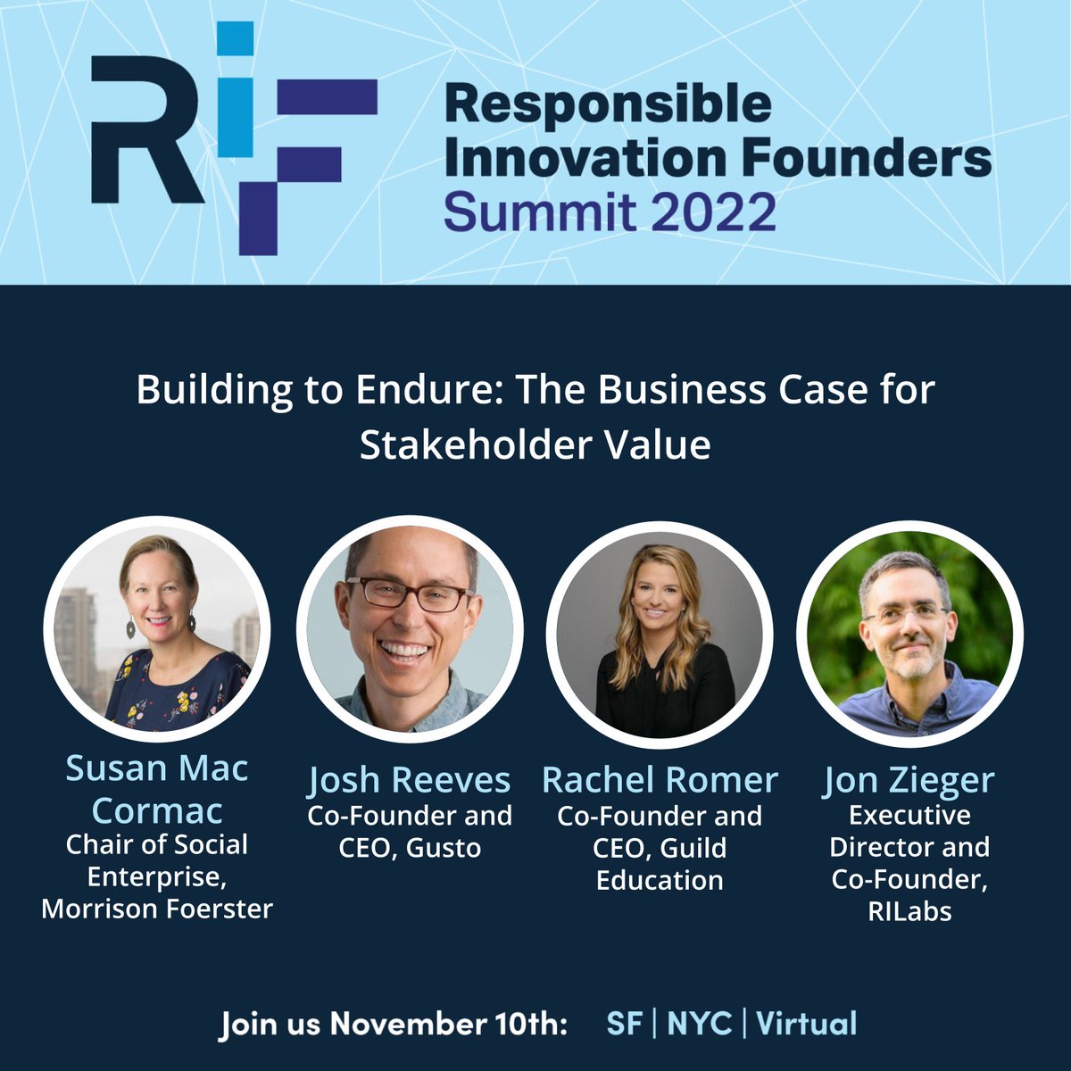 ResponsibleLabs's tweet photo. 🤔What does it look like to build stakeholder value into your company? And how do you scale it?

Learn directly from @joshuareeves, @Rachel_R_Romer, Susan Mac Cormac, and @JZieger at the #RIFoundersSummit Nov. 10th!

Reserve your spot here: https://t.co/gfVmxS3Tjb https://t.co/CBLpYEziyE