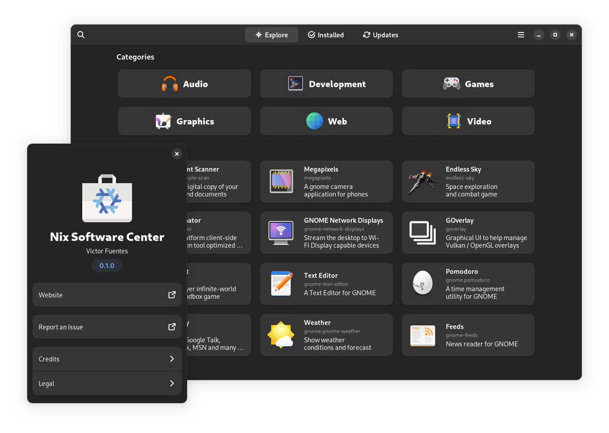 I've recently been working on a new project: Nix Software Center. It's a graphical app for managing packages on @nixos_org and @snowflakelinux. It is heavily inspired by GNOME software and is written in rust using gtk4-rs, #libadwaita, and Relm4.
#nixos #gnome #snowflakeos