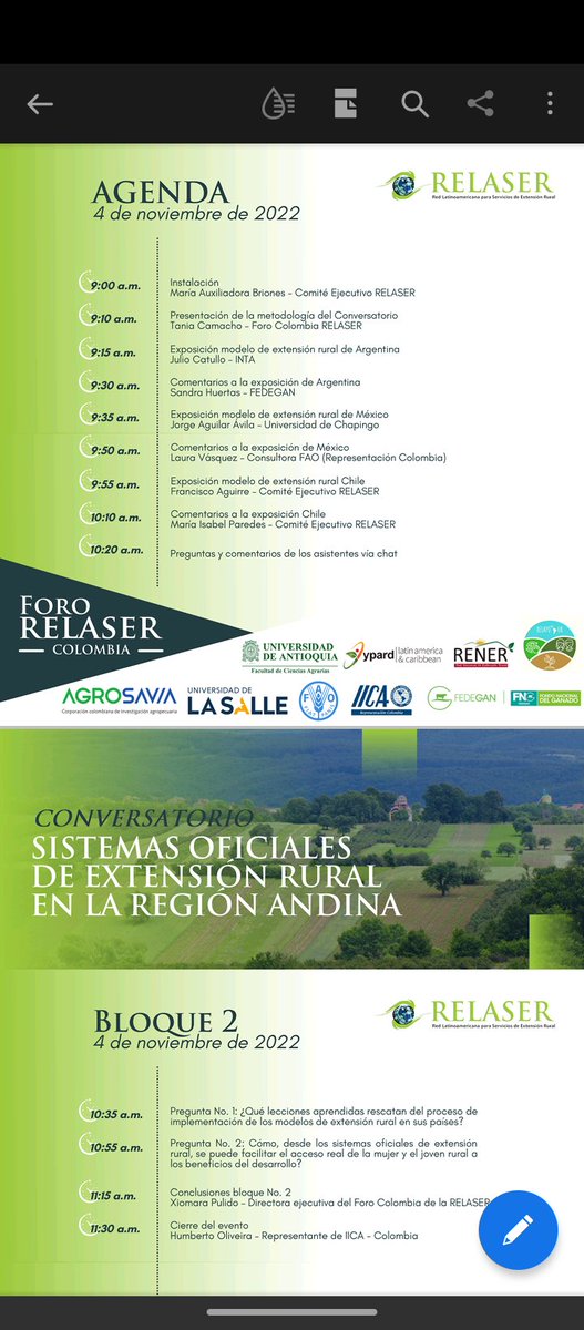 holmesrodriguez's tweet photo. Les comparto la programación del Conversatorio sobre sistemas oficiales de extensión @RedRelaser Noviembre 5, 9 am (GMT -5) participan @CIESTAAM_UACh @Jorgechapingo @FAO_Colombia @Fedegan @IICAColombia @cagrariasudea https://t.co/pitt0ObCQN