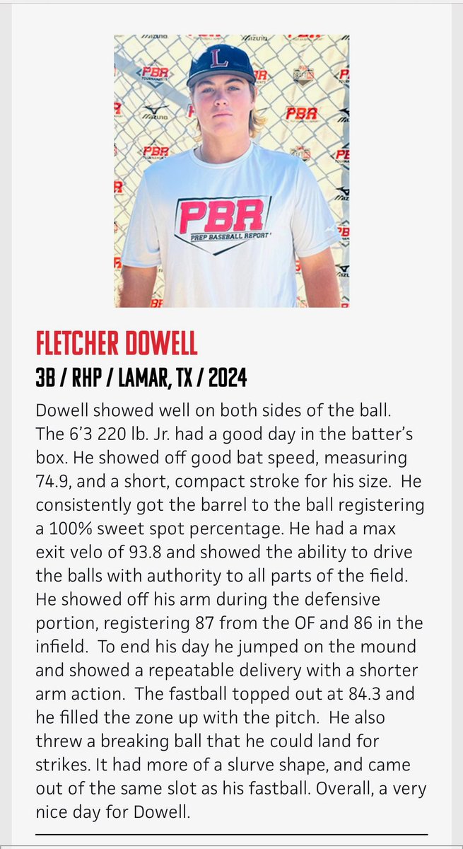Thank you for the write up, I really enjoyed the day. Looking forward to the next PBR event! @PBR_Texas @PBRGowins <a href="/prepbaseball/">Prep Baseball</a> <a href="/Tyler_King19/">Tyler King</a> <a href="/CoachFarno/">Ryan Farney</a>