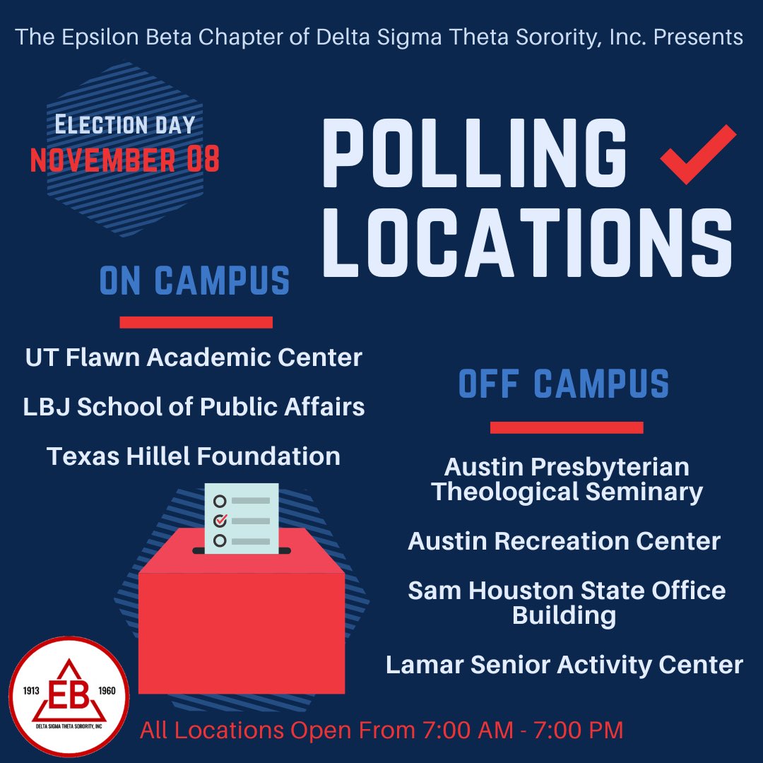 TexasDeltas's tweet photo. Epsilon Beta is all about social action! First up for our mini-week is information on polling locations on campus and around Austin. Go out to the polls because your vote matters! 🗳🐘 https://t.co/ha6t39FN2u