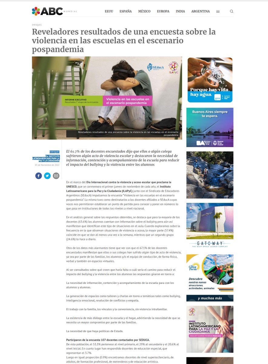 ABCMundial's tweet photo. Reveladores resultados de una encuesta sobre la #violencia en las escuelas en el escenario de la pospandemia 
#Argentina #Bullying en las escuelas. 
Estudio actualizado de 
@SeducaSindicato junto a #ILAPyC @pazciudadania 
Más detalles en este link 👇
https://t.co/03Ih20gtkP https://t.co/yhb5A6Dhgh