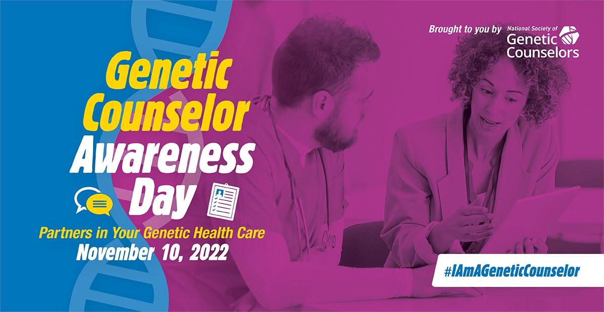 GeneticCouns's tweet image. Genetic Counselor Awareness Day is next Thursday! Join us for some exciting events including a social media live stream at 9am CT and a webinar on broadening career paths. View the schedule and register for the webinar: bit.ly/3sIPRvo #GeneChat #IAmAGeneticCounselor