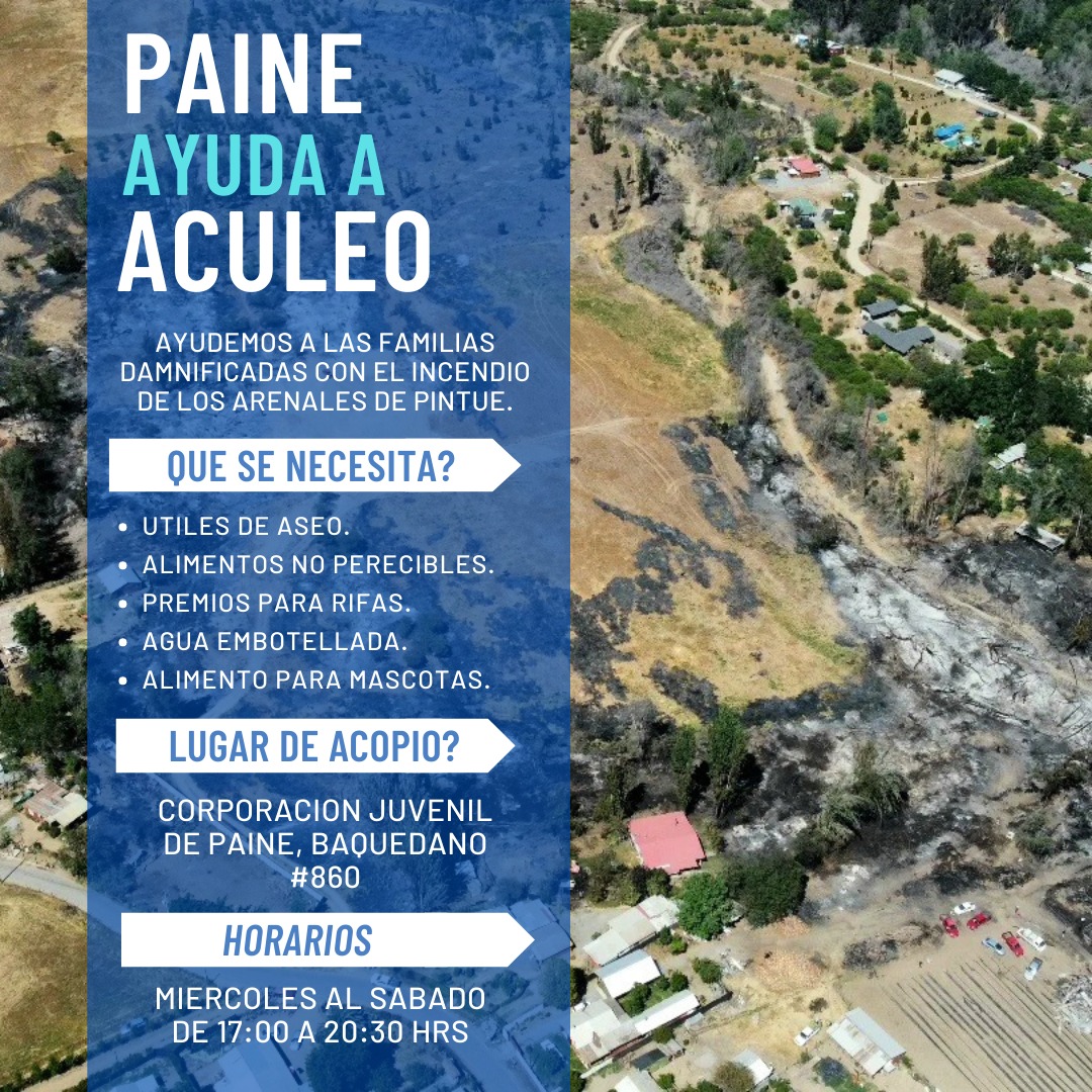 MemorialdePaine's tweet photo. ✊ Desde Memorial Paine expresamos nuestra solidaridad y hacemos viva la memoria para ayudar y empujar un renacer, tras esta tragedia a quienes fueron afectados por los incendios del fin de semana en Los Arenales, Pintué.
#paine
#pintue
#aculeo
#PaineAculeo
#acopio
#ayuda https://t.co/QkgCY6AsVa