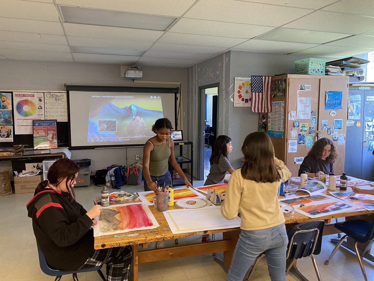 Millbrookmsart's tweet photo. No mistakes just happy accidents!! We painted along with #BobRoss in art club today #joyofpainting #artclub #everydayisagooddaywhenyoupaint #mmsart2223 https://t.co/KJT13WnjSN