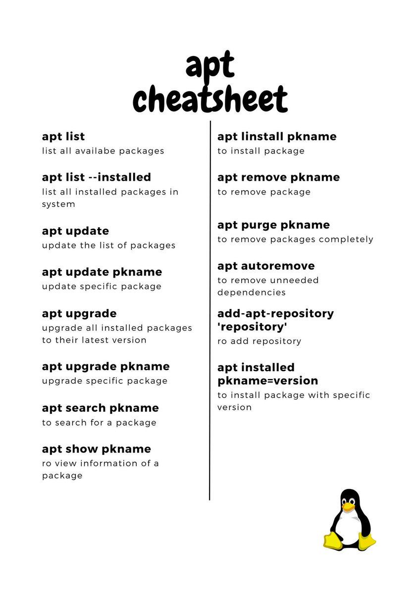 JOSEPEREZJR01's tweet photo. Cheat Sheet for apt, debian package manager. #CheatSheet #dpkg #Linux #debian https://t.co/r6yK3PfVbp