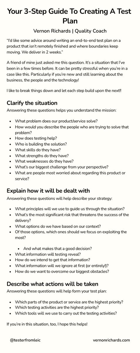 TesterFromLeic's tweet photo. How to create a test plan in minutes when you're under pressure!

This was another question from a friend, so let me know what you think. How do you approach this?

There will be a link to a more accessible version of this post in the next tweet! https://t.co/KhSya5eEas