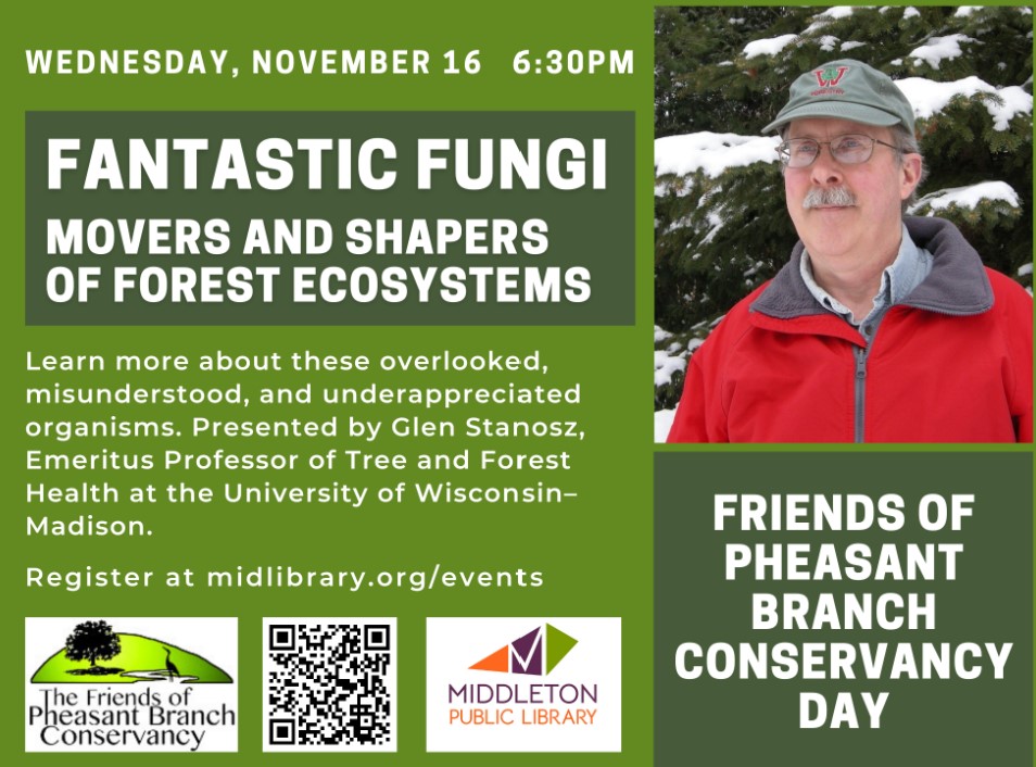 UW-Madison Forest and Wildlife Ecology (@uw_fwecology) on Twitter photo Emerit Professor of <a href="/UW_FWEcology/">UW-Madison Forest and Wildlife Ecology</a> Glen Stanosz will be giving a talk at the Middleton Public Library Wed, Nov 16 at 6:30pm. His talk is titled, "Fantastic Fungi: Movers and Shapers of Forest Ecosystems". For more details, check out:
midlibrary.org/eventdetail?ID… #middletonpubliclibrary Emerit Professor of <a href="/UW_FWEcology/">UW-Madison Forest and Wildlife Ecology</a> Glen Stanosz will be giving a talk at the Middleton Public Library Wed, Nov 16 at 6:30pm. His talk is titled, "Fantastic Fungi: Movers and Shapers of Forest Ecosystems". For more details, check out:
midlibrary.org/eventdetail?ID… #middletonpubliclibrary