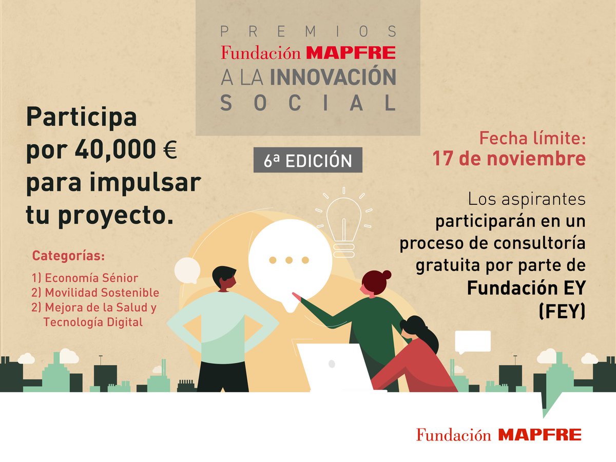 Los Premios a la Innovación Social de @Fundación MAPFRE  están diseñados para apoyar a proyectos que generen impacto positivo en temas de Movilidad sostenible, Economía senior y Mejora de la salud.

Consulta las bases y participa 👉 bit.ly/3Cq6Msn 

<a href="/fmapfre/">Fundación MAPFRE</a>