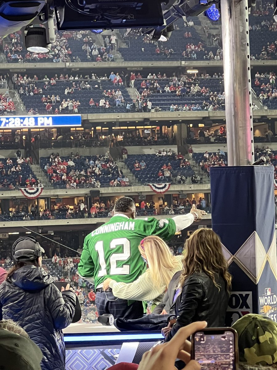 stevekoller's tweet photo. Papi with the Randall Cunningham jersey https://t.co/vIkZ4waE0X