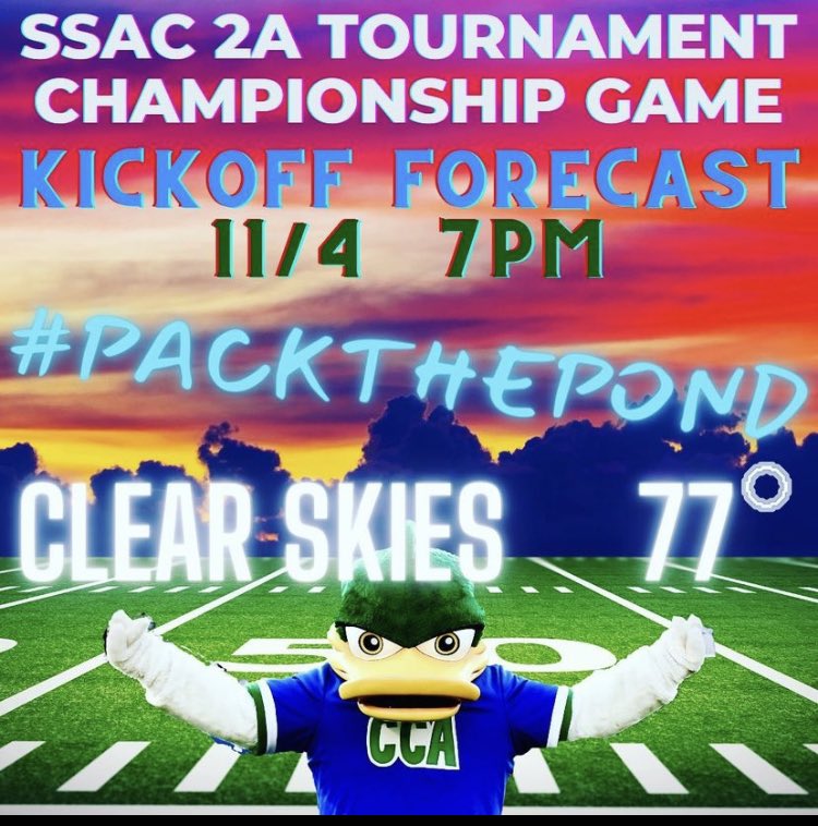 Should be clear skies tomorrow at #ThePond for the 7PM 2A Championship game between the Ducks and Oasis Christian.

Make sure to #PackThePond and cheer on your Ducks!

#DieselDucks #OwnTheField