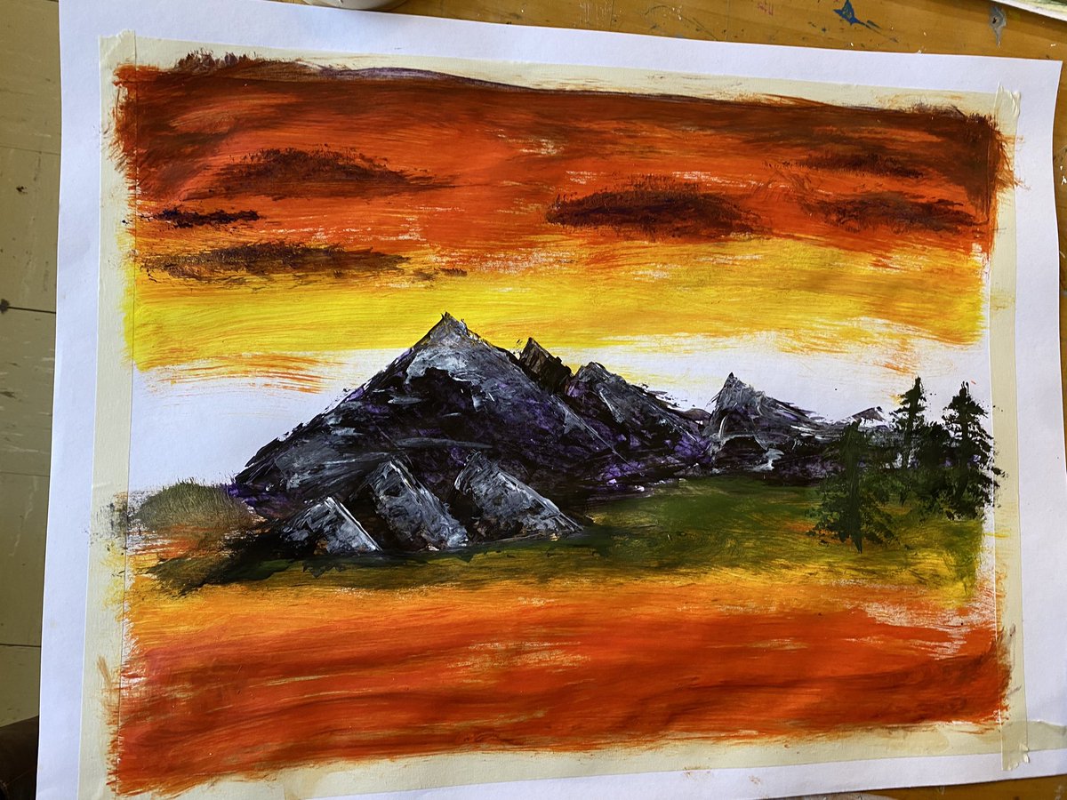 Millbrookmsart's tweet photo. No mistakes just happy accidents!! We painted along with #BobRoss in art club today #joyofpainting #artclub #everydayisagooddaywhenyoupaint #mmsart2223 https://t.co/KJT13WnjSN