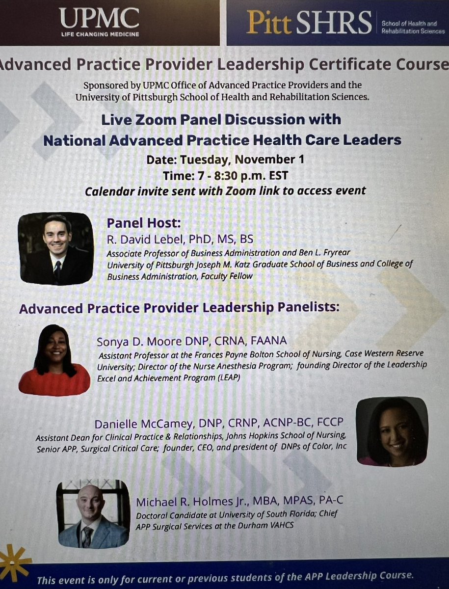 AmylynnHaller's tweet photo. This week we held our National APP Leadership Panel, part of the @UPMC and @PittSHRS Advanced Practice Provider Leadership Course. I am inspired by you @DrMcCamey @SonyaDMoore1 &amp; Michael Holmes, MBA, MPAS, PA-C! #advancedpractice #healthcareleadership #learninggrowingadvancing https://t.co/Uwn5pHFwWr