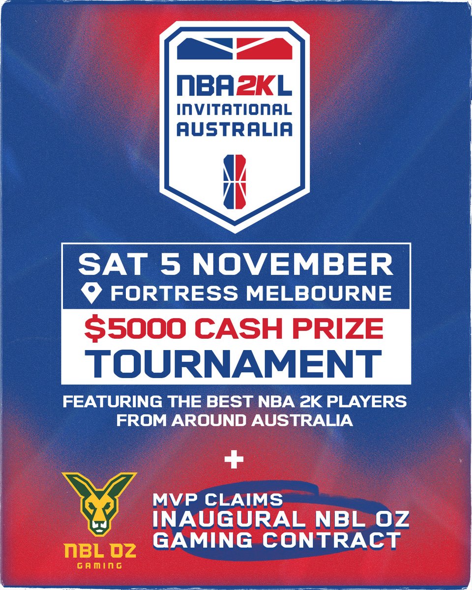 The first <a href="/NBA2KLeague/">NBA 2K League</a> Australian Invitational goes down tomorrow at <a href="/FortressMelb/">Fortress Melbourne</a> with $5,000 on the line and one player becoming the inaugural <a href="/nblozgaming/">NBL Oz Gaming 🦘🇦🇺</a> signing 🎮🏀

FREE tickets here: bit.ly/3Uk72PF

Stream live from 2pm AEDT at twitch.tv/nbl