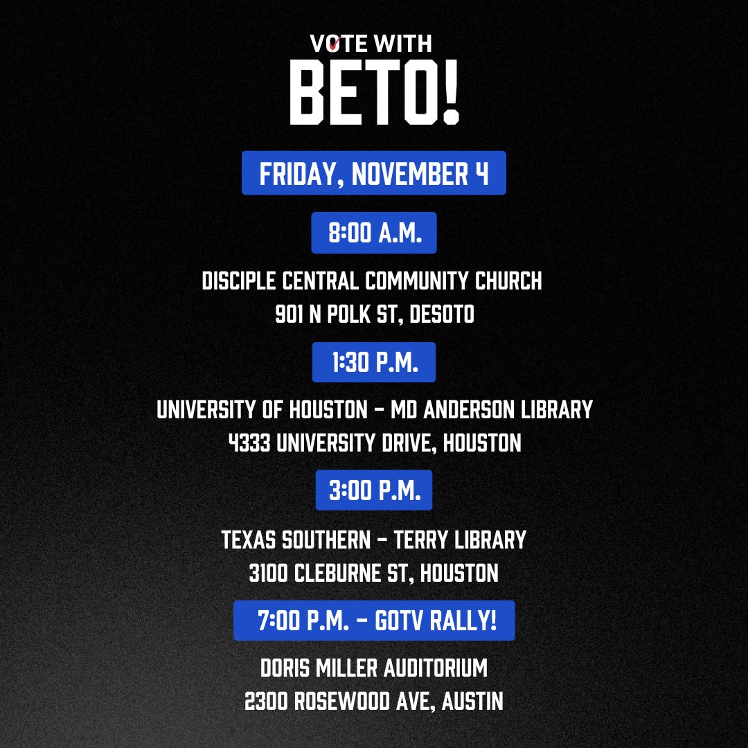 Hope you'll join us in DeSoto, Houston, and Austin tomorrow. Looking forward to being back at UH and TSU! See you soon.

More details: betofortexas.com/vote