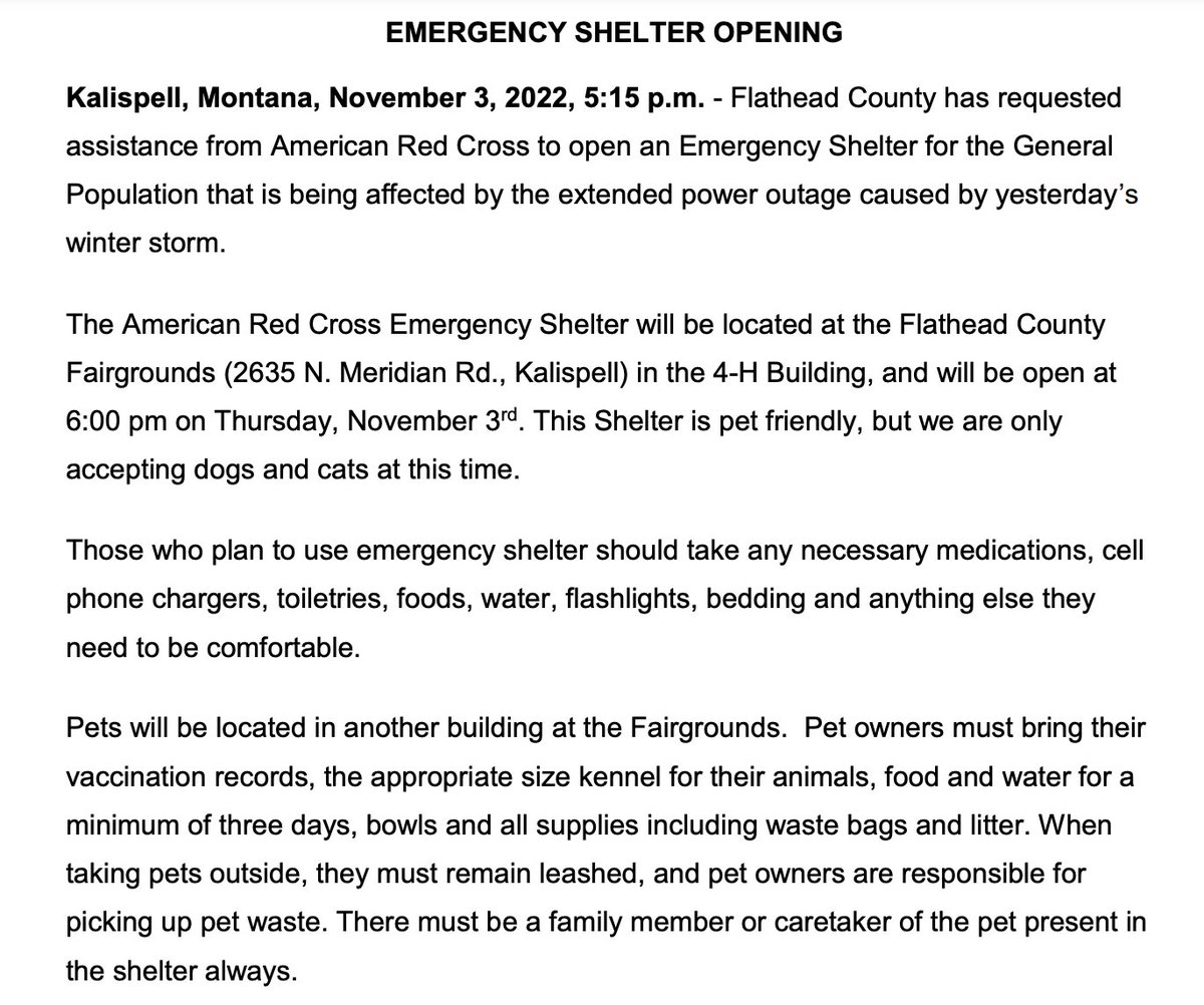 matt2baldwin's tweet photo. Flathead County is opening an emergency shelter at the fairgrounds for people affected by the power outages #mtwx #mtnews https://t.co/IgeTVkrB2f