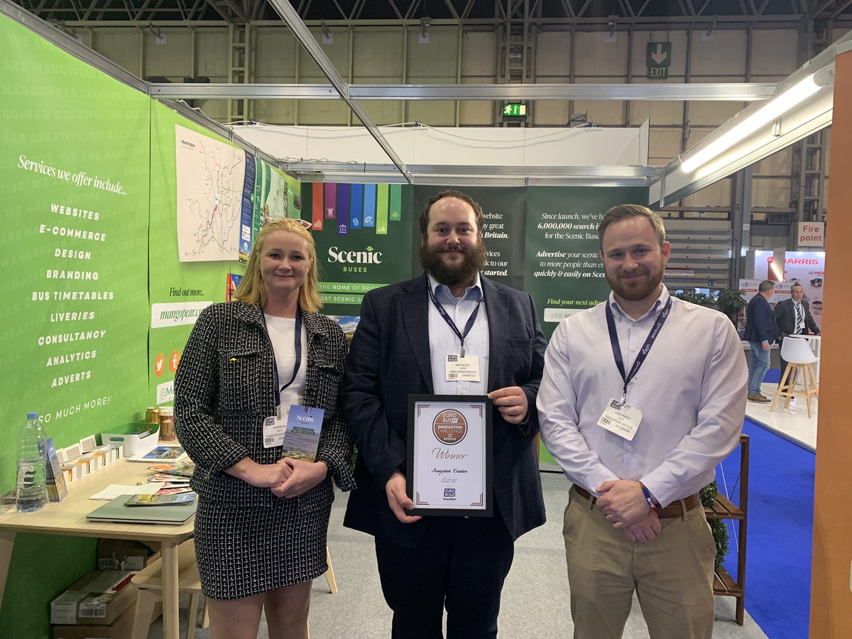 LukeMangopear's tweet photo. Well, that’s a wrap. Day 3 of the @EuroBusExpo done for @MangopearUK and what a show we’ve had! Even managed to pick up an award for this years Innovation Challenge for @ScenicBuses https://t.co/x1TBETWDcs